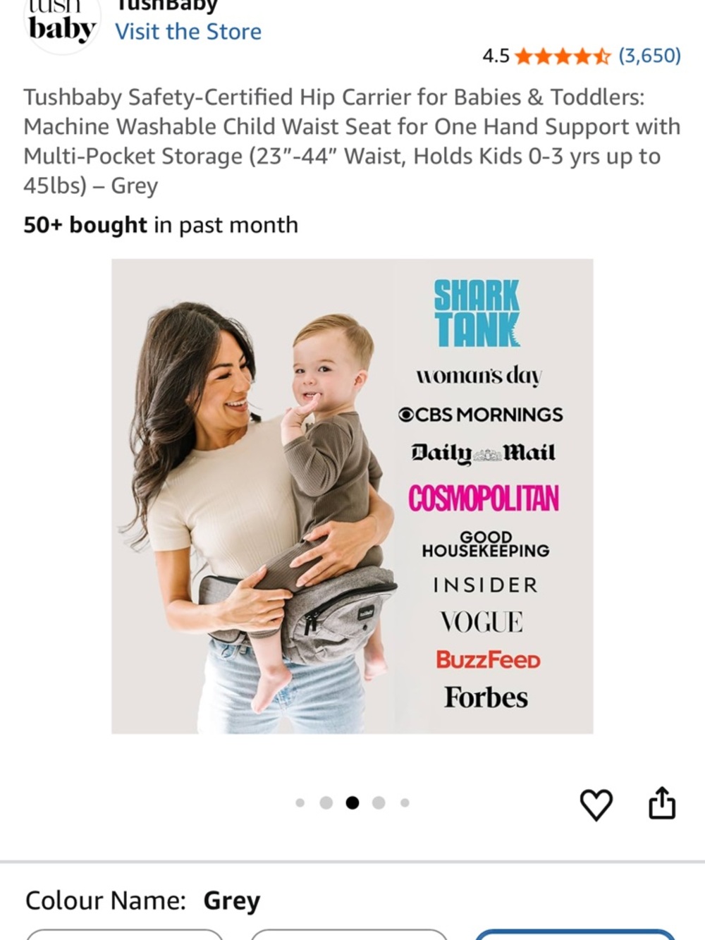 TushBaby Grey Baby Hip Carrier Waist Seat